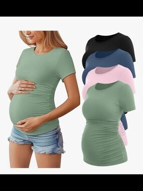 Maternity Short Sleeve Ruched Tee - Sage Green,pink,blue and Black
